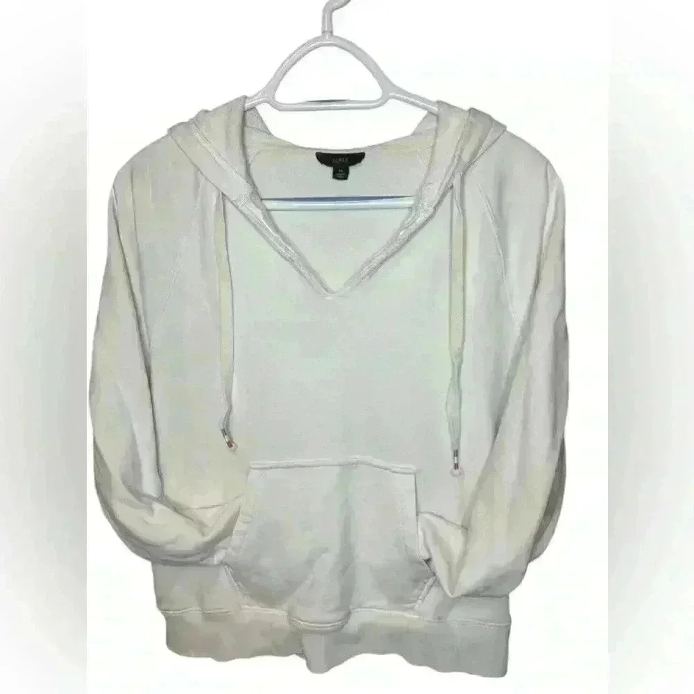 J. Crew Womens Garment Dyed V-Neck Hoodie In Original Cotton Terry White Medium